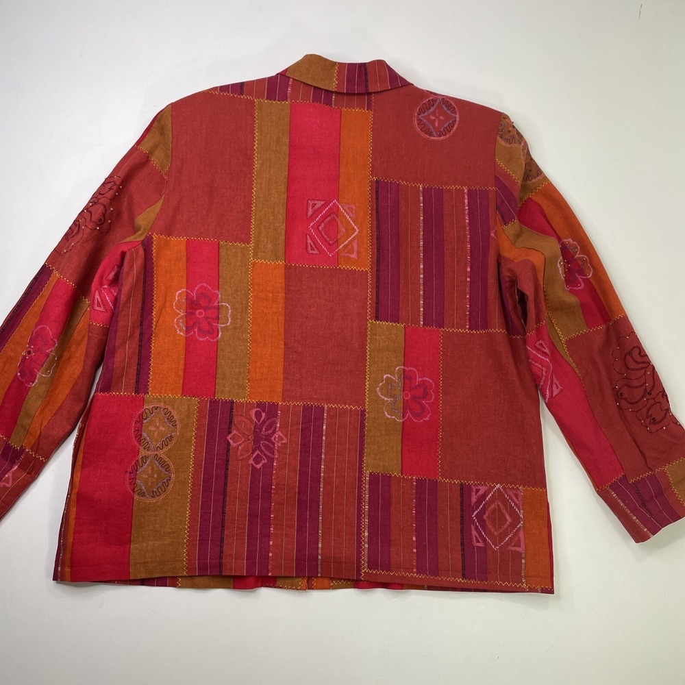 Alfred Dunner Jacket Womens 14 Red Patchwork Floral Embroidered Beaded LinBlend - Picture 5 of 8